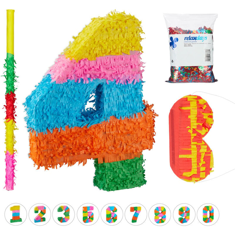 Relaxdays Pinata, Number 4, Birthday Party for Children and Adults, Fillable Piñata, Mask, Confetti and Bat, Colourful