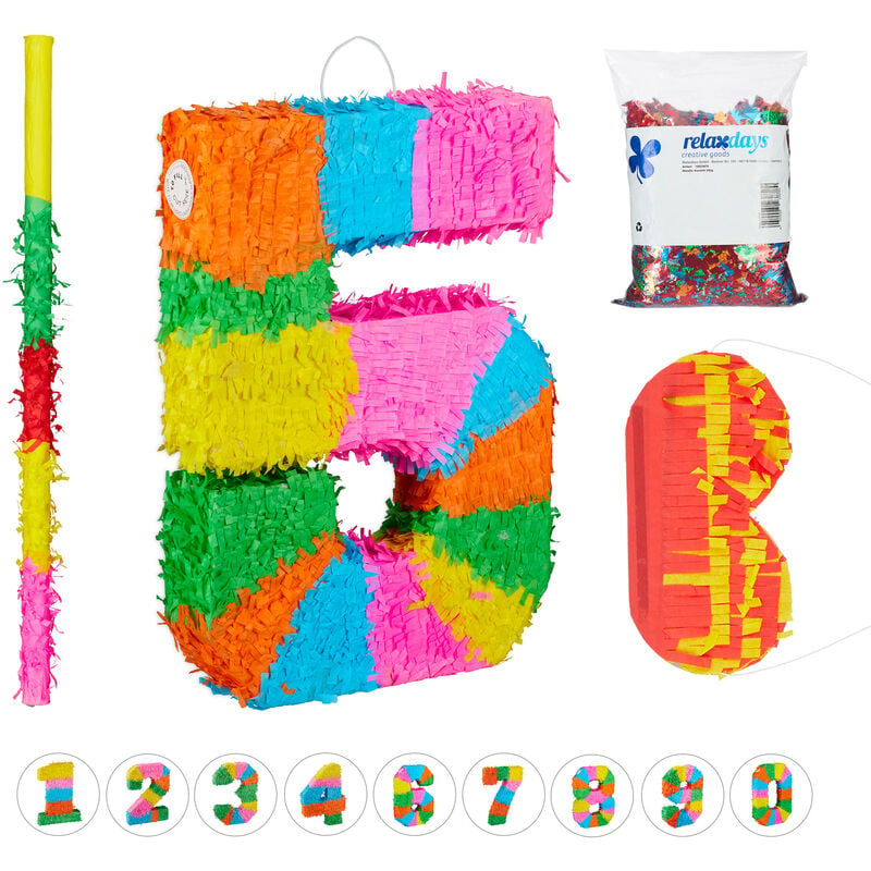 Pinata, Number 5, Birthday Party for Children and Adults, Fillable Piñata, Mask, Confetti and Bat, Colourful - Relaxdays