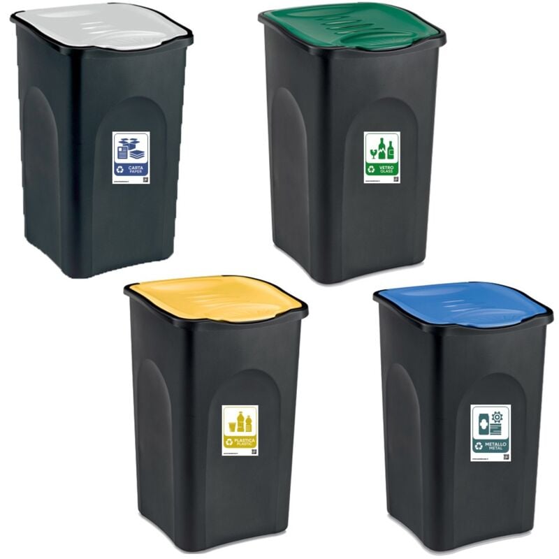 Cosedacasa - Set da 4 Contenitori Ecologici Bidoni per la Raccolta Differenziata pattumiere 50L con etichette coperchi verde giallo blu bianco per