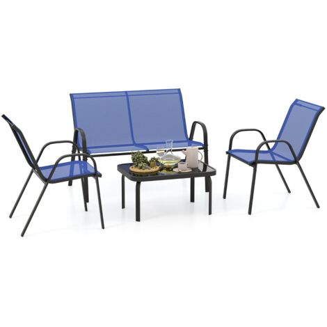 Set da 4 pezzi di mobili per esterni con tavolino in vetro temperato, Set da conversazione all'aperto Blu