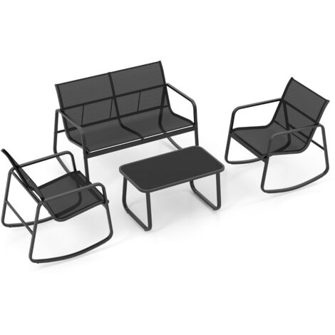 Set da 4 pezzi per il patio con sedie a dondolo, 2 Sedie a dondolo e divanetto con tavolo in vetro per portico Nero