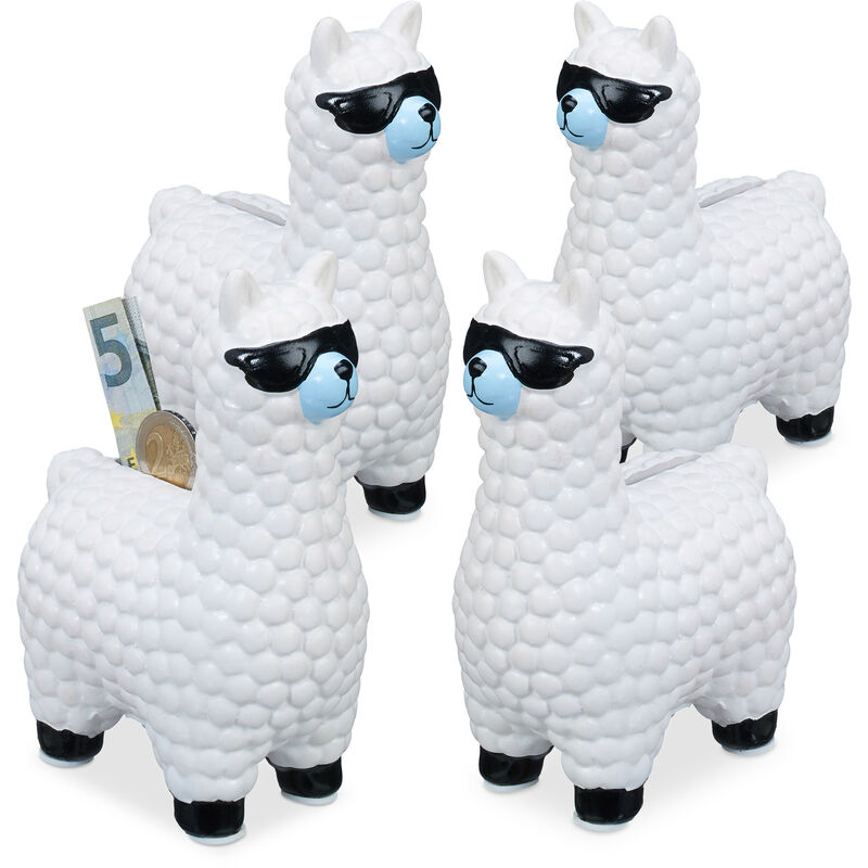 Relaxdays - Set of 4 Lama with Sunglasses Savings Banks, Great Gift and Decoration, Ceramic Piggy Bank, 15.5x11x6cm, White