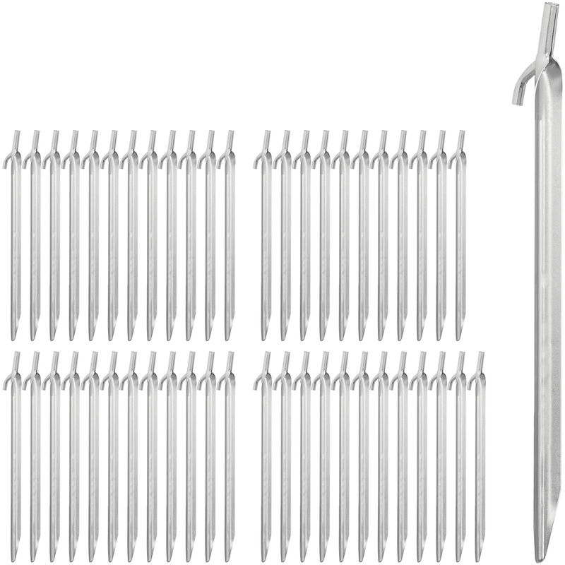 Relaxdays Tent Pegs 48x Set, Ground Anchor for Hard Soil, Camping, Galvanized Steel Hooks, Metal, Durable, 30cm, Silver