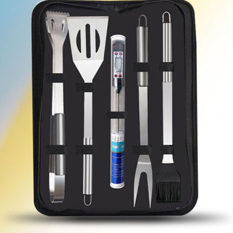 Set da 5 pezzi con termometro, set di utensili per barbecue, borsa per il trasporto in acciaio inox, accessori per barbecue, campeggio