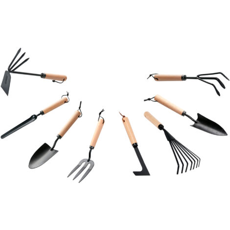 Set da 8 pezzi: zappa, pala x3, rastrello, artigli, coltello