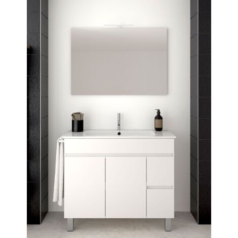 Set da bagno Isquia 2 cassetti e due ante - 7 colori diversi - 15 misure - Include mobile, lavabo e specchio - Bianco Lucido 120x45Cm 2 Seni