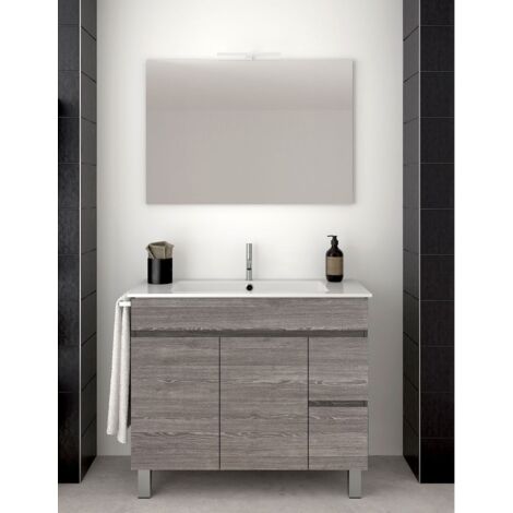 Set da bagno Isquia 2 cassetti e due ante - 7 colori diversi - 15 misure - Include mobile, lavabo e specchio - Rovere Smoky 100x45Cm