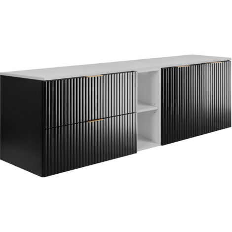 Set da bagno: mobile con cassetti, mobile con ante e ripiano 57×46×140 cm, colore: bianco / cashmere, maniglia nera