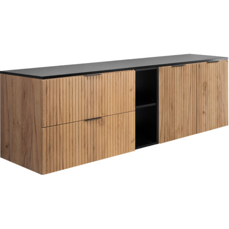 Set da bagno: mobile con cassetti, mobile con ante e ripiano 57×46×140 cm, colore: nero / bianco, maniglia oro