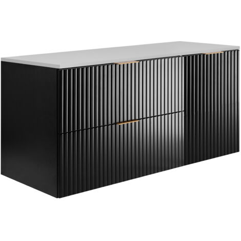 Set da bagno: mobile con cassetti, mobile con ante e ripiano 57×46×180 cm, colore: bianco / nero, maniglia oro