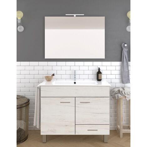 Set da bagno Samos 2 ante e un cassetto - 7 colori diversi - 15 misure - Include mobili, lavabo e specchio - Bianco Nordico 60x45Cm