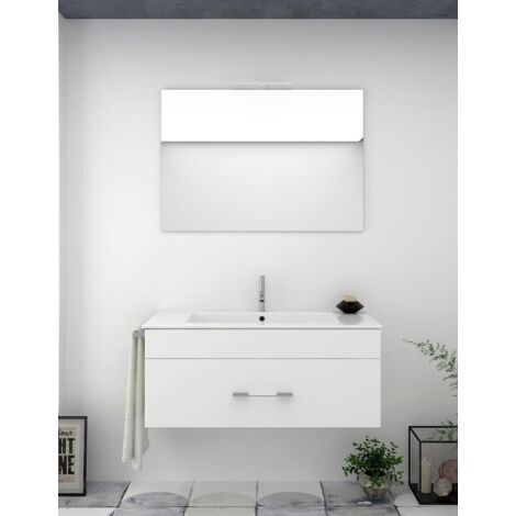 Set da bagno sospeso Firenze cassetti - 8 colori diversi - 14 misure - Include mobile, lavabo e specchio - Bianco Lucido 80x45Cm