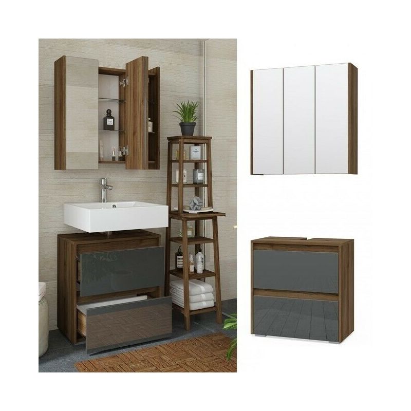 Mobile Bagno Sotto Lavabo E Specchiera.Set Da Bagno Sotto Lavabo Copricolonna Specchio Specchiera Marrone E Antracite 4251421932432