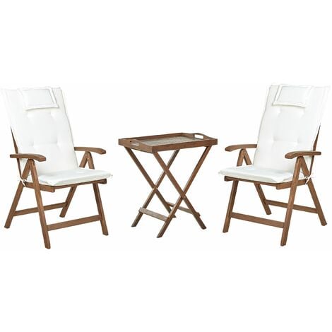 Set da balcone con 2 sedie da giardino regolabili in legno di acacia e cuscini bianco sporco Amantea