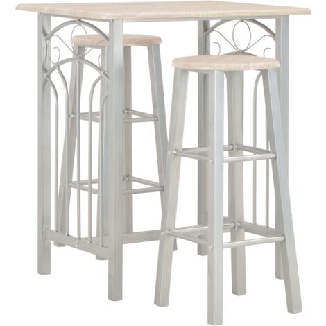 Set da Bar3 pz Legno e Acciaio Bancone 2 Sgabelli Alti Colori Diversi