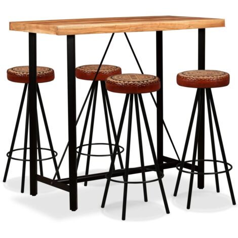 Set da Bar 5 pz in Legno Massello Acacia in Vera Pelle e Tela vidaXL