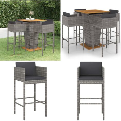 Set da Bar da Giardino 5 pz con Cuscini in Polyrattan Grigio - Sedile da bar - Tavolo da bar