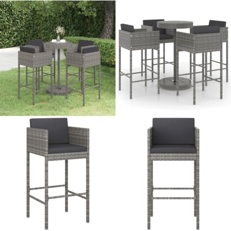 Set da Bar da Giardino 5 pz con Cuscini in Polyrattan Grigio - Sedile da giardino - Tavolo da bar