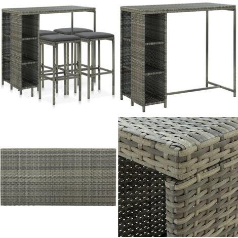 Set da Bar da Giardino 5 pz con Cuscini in Polyrattan Grigio - Set da bar - Cuscini per seduta