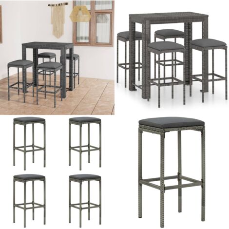 Set da Bar da Giardino 5 pz con Cuscini in Polyrattan Grigio - Set da bar - Sgabelli da bar