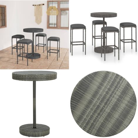 Set da Bar da Giardino 5 pz con Cuscini in Polyrattan Grigio - Tavolo da bar - Sgabelli da bar