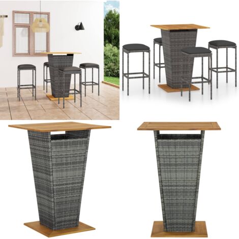 Set da Bar da Giardino 5 pz con Cuscini in Polyrattan Grigio - Tavolo da bar - Sgabelli da giardino