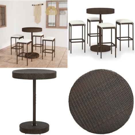 Set da Bar da Giardino 5 pz con Cuscini in Polyrattan Marrone - Cuscini per seduta - Sgabelli da bar