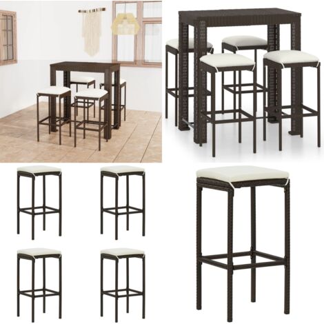 Set da Bar da Giardino 5 pz con Cuscini in Polyrattan Marrone - Tavolo da bar - Sgabelli da bar