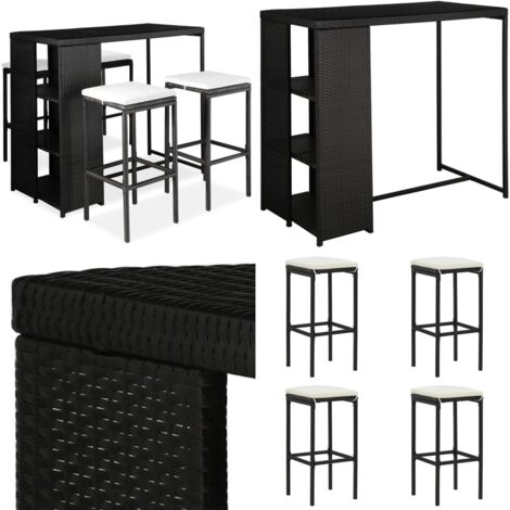 Set da Bar da Giardino 5 pz con Cuscini in Polyrattan Nero - Seduta da giardino - Cuscini da bar