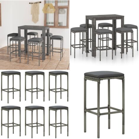 Set da Bar da Giardino 7 pz con Cuscini in Polyrattan Grigio - Set da bar - Sgabelli da giardino