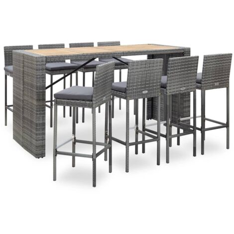 Set da Bar da Giardino 9 pz Polyrattan e Legno Acacia Grigio