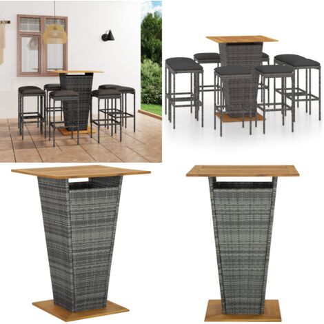 Set da Bar per Giardino 9 pz con Cuscini in Polyrattan Grigio - Tavolo da bar - Sgabelli da giardino