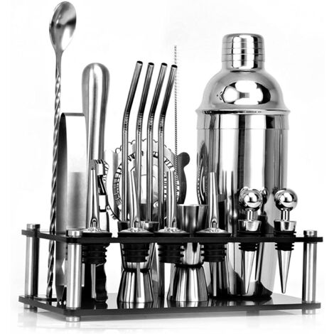 Set da bar per la preparazione di drink 20 pezzi, acciaio inox, shaker argento 750 ml, supporto in acrilico nero