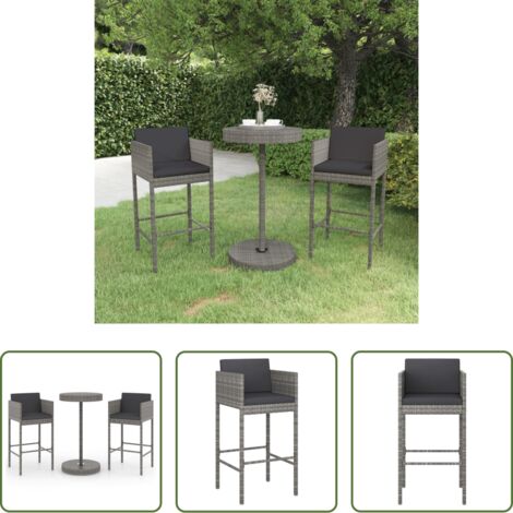 Set da bar -  Set Bar da Giardino 3 pz con Cuscini in Polyrattan Grigio
