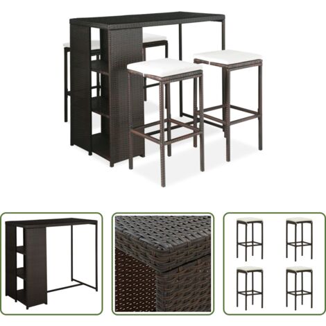 Set da bar - Set da Bar da Giardino 5 pz con Cuscini in Polyrattan Marrone