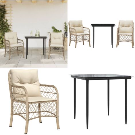 Set da Bistrò 3 pz con Cuscini Beige in Polyrattan - Sedie da giardino - Tavolo da esterno