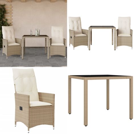Set da Bistrò 3 pz con Cuscini Beige in Polyrattan - Tavolo da giardino - Cuscini da seduta