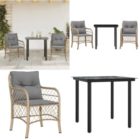 Set da Bistrò 3 pz con Cuscini Beige Misto in Polyrattan - Sedie da giardino - Tavolo da giardino