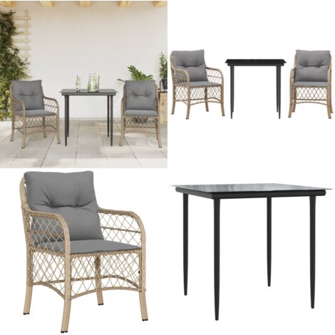 Set da Bistrò 3 pz con Cuscini Beige Misto in Polyrattan - Sedie da giardino - Tavolo da giardino