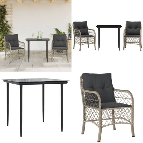 Set da Bistrò 3 pz con Cuscini Grigio Chiaro in Polyrattan - Sedie da giardino - Tavolo da esterno