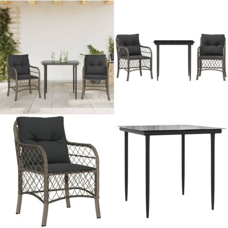 Set da Bistrò 3 pz con Cuscini Grigio in Polyrattan - Sedie da giardino - Tavolo da esterno