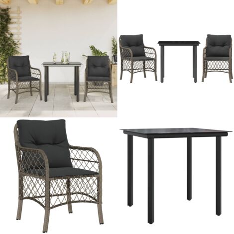 Set da Bistrò 3 pz con Cuscini Grigio in Polyrattan - Sedie da giardino - Tavolo da esterno