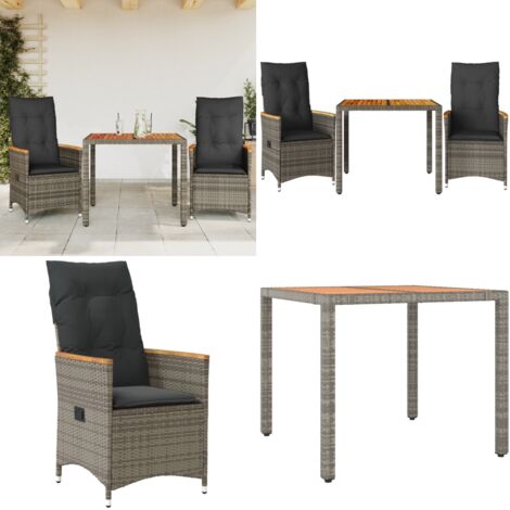 Set da Bistrò 3 pz con Cuscini Grigio in Polyrattan - Sedie da giardino - Tavolo da giardino