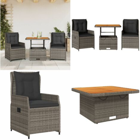 Set da Bistrò 3 pz con Cuscini Grigio in Polyrattan - Sedie da giardino - Tavolo da giardino