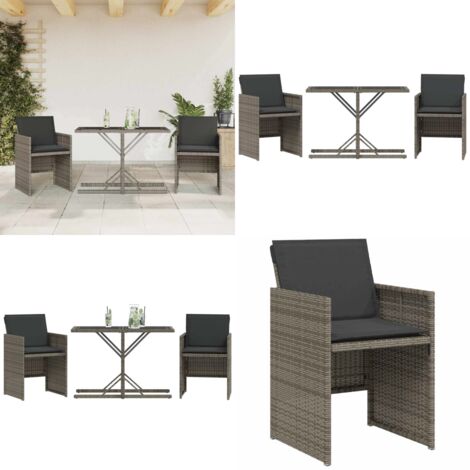 Set da Bistrò 3 pz con Cuscini Grigio in Polyrattan - Sedie da giardino - Tavolo da giardino