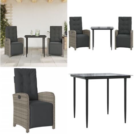 Set da Bistrò 3 pz con Cuscini Grigio in Polyrattan - Tavolo da giardino - Cuscini da seduta