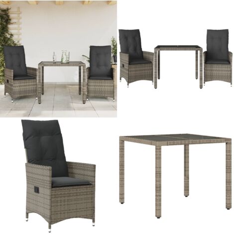 Set da Bistrò 3 pz con Cuscini Grigio in Polyrattan - Tavolo da giardino - Cuscini da seduta