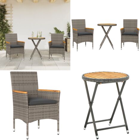 Set da Bistrò 3 pz con Cuscini Grigio Polyrattan Acacia - Tavolo da giardino - Sedie da giardino