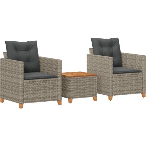 Set da Bistrò 3 pz con Cuscini Grigio Polyrattan e Legno Acacia vidaXL