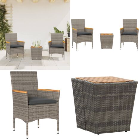 Set da Bistrò 3 pz con Cuscini Grigio Polyrattan e Vetro - Tavolo da giardino - Sedie da giardino